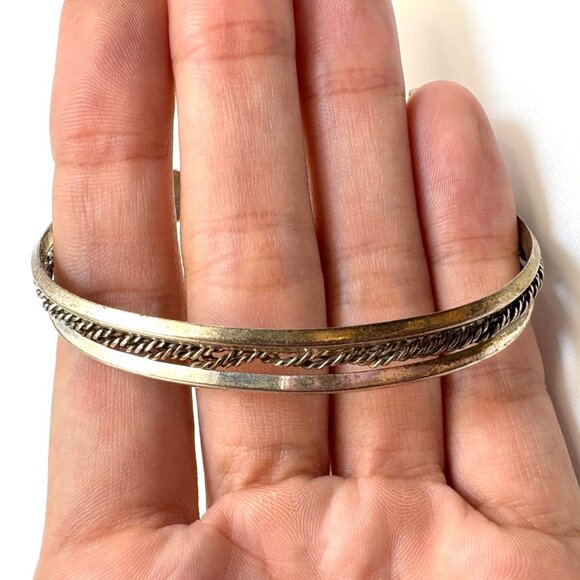 VTG Sterling Silver 925 Rope Textured Open Cuff Bangle Bracelet Size 7.5" Fit - Picture 3 of 10